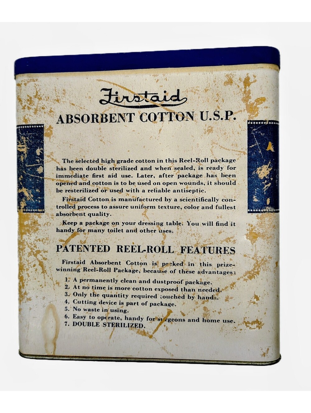 Vintage Firstaid Absorbent Cotton U.S.P. Reel-Roll Package in Metal Tin
